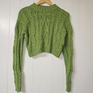 Cropped Cable Knit Sweater - Lime Green